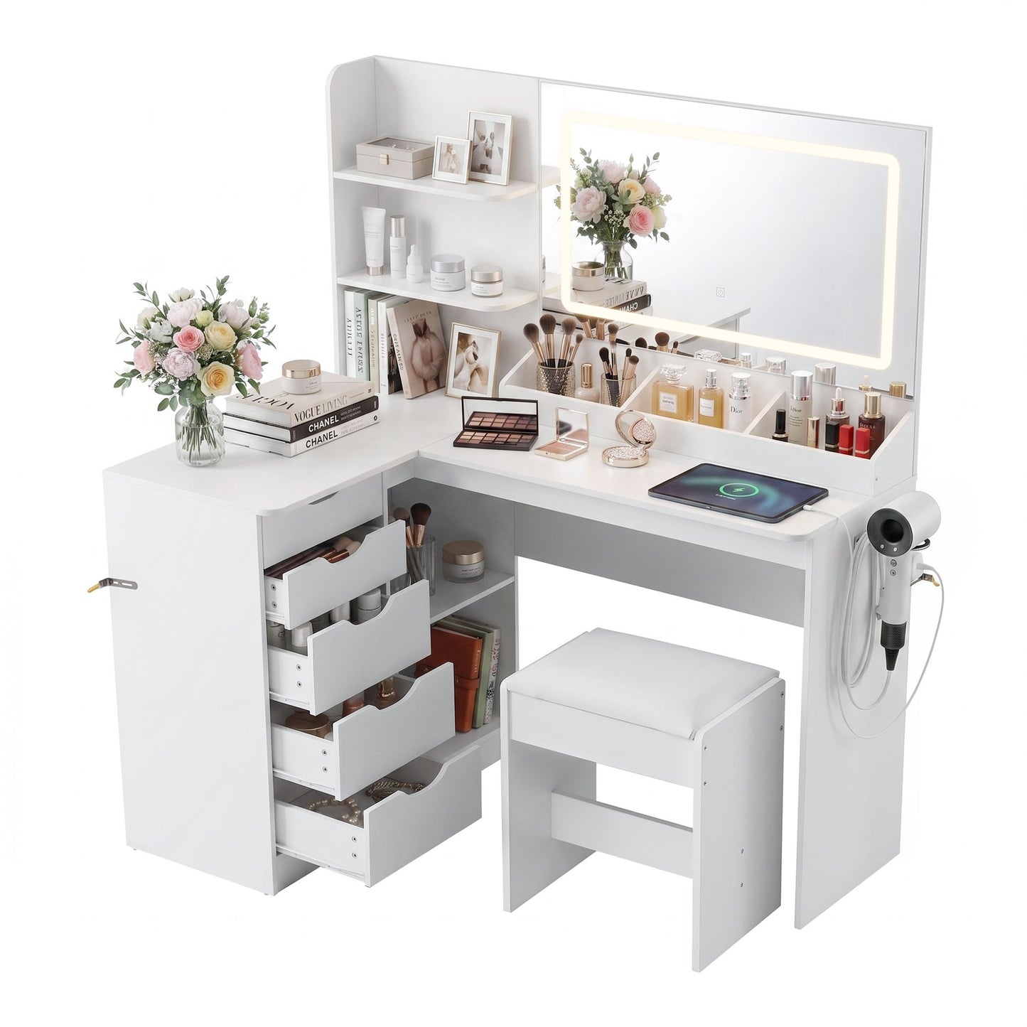 Dressing Table Corner Vanity Desk Set Stool LED Charging Station - White