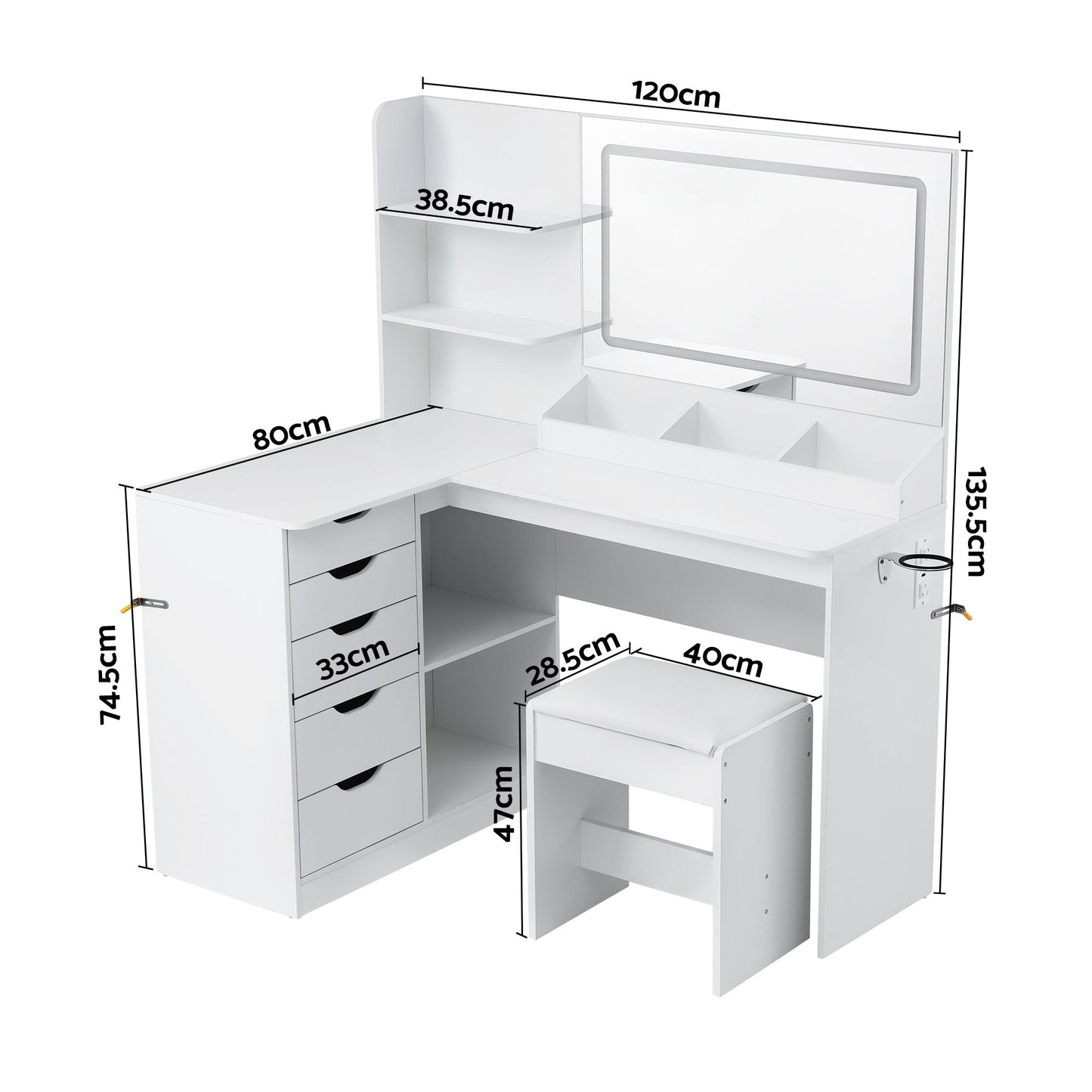 Dressing Table Corner Vanity Desk Set Stool LED Charging Station - White