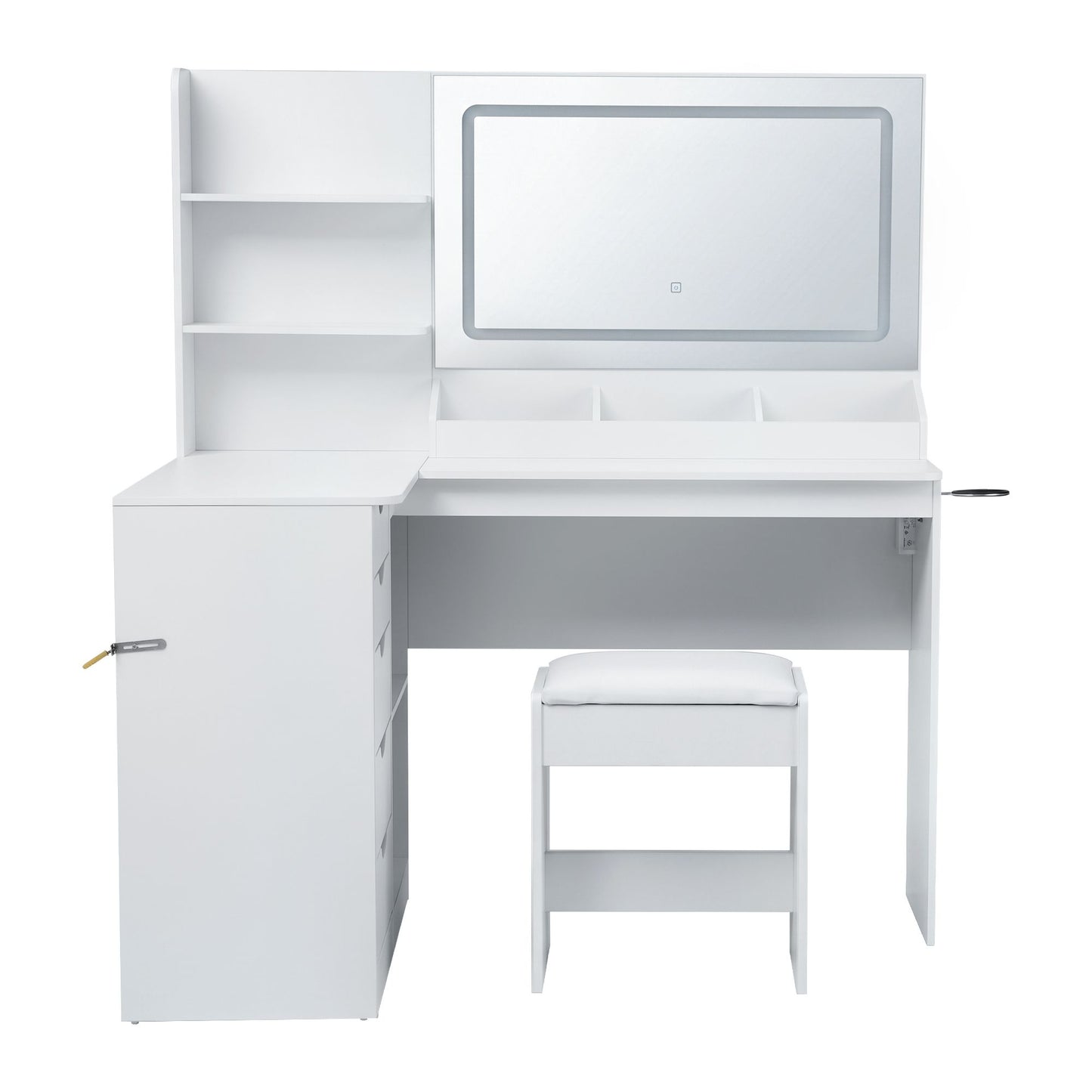 Dressing Table Corner Vanity Desk Set Stool LED Charging Station - White
