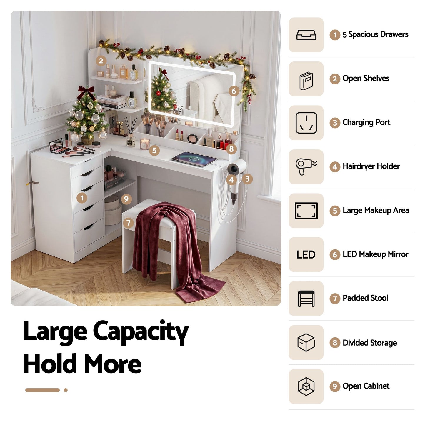 Dressing Table Corner Vanity Desk Set Stool LED Charging Station - White