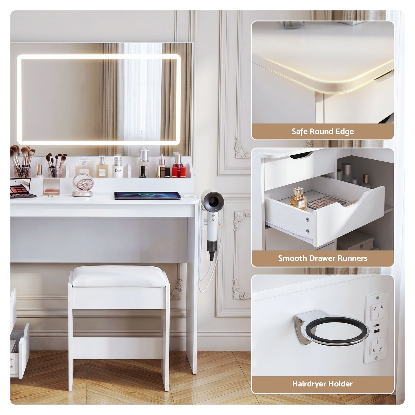 Dressing Table Corner Vanity Desk Set Stool LED Charging Station - White