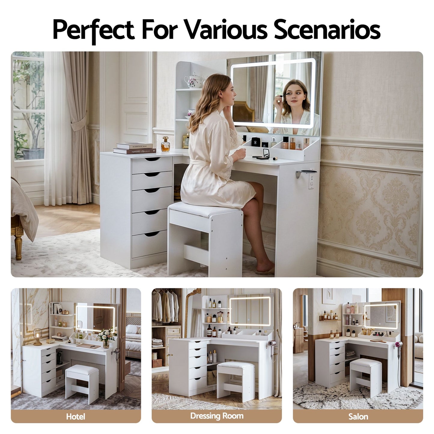 Dressing Table Corner Vanity Desk Set Stool LED Charging Station - White