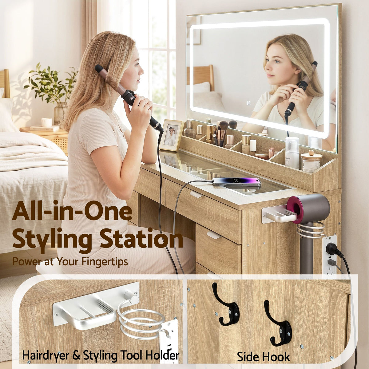 Dressing Table Makeup Vanity Desk Large LED Mirror 10 Drawers Power Outlet Hair Dryer Holder Hook Wood