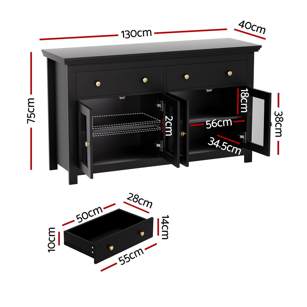 Winslow Buffet Sideboard Storage Cabinet Kitchen Cupboard Clear Door Drawer - Black