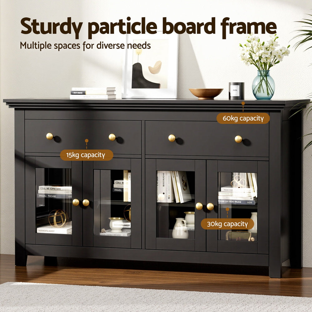 Winslow Buffet Sideboard Storage Cabinet Kitchen Cupboard Clear Door Drawer - Black