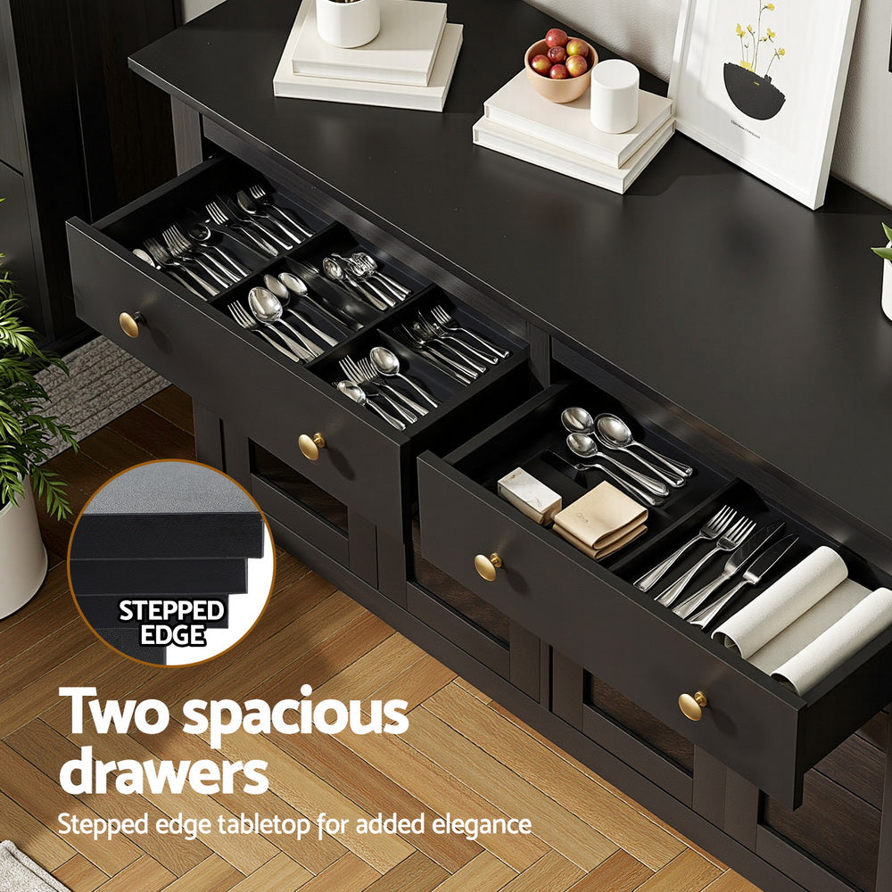 Winslow Buffet Sideboard Storage Cabinet Kitchen Cupboard Clear Door Drawer - Black