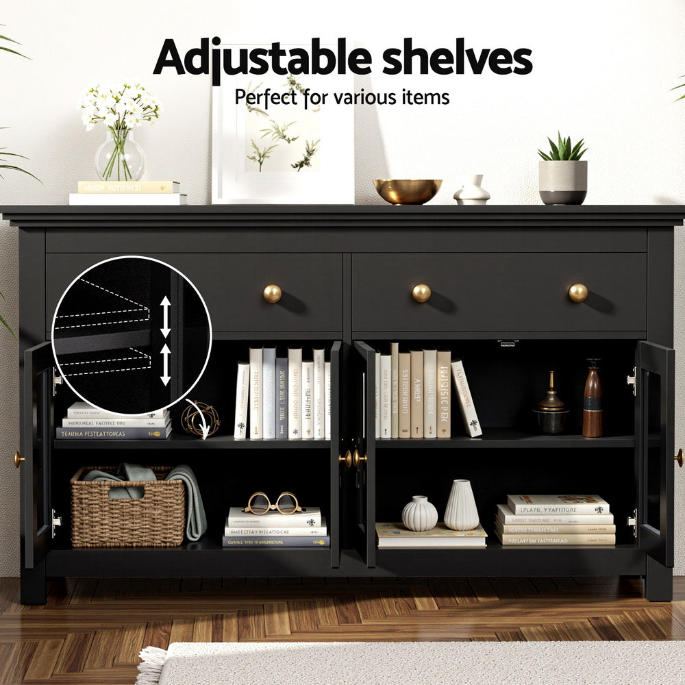Winslow Buffet Sideboard Storage Cabinet Kitchen Cupboard Clear Door Drawer - Black