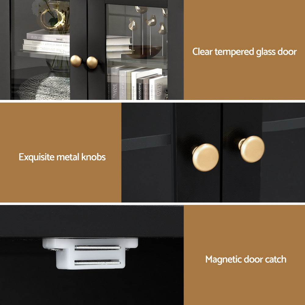 Winslow Buffet Sideboard Storage Cabinet Kitchen Cupboard Clear Door Drawer - Black