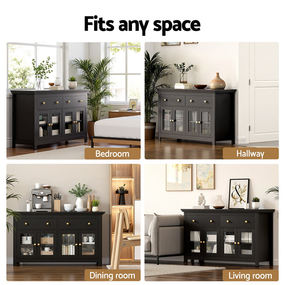 Winslow Buffet Sideboard Storage Cabinet Kitchen Cupboard Clear Door Drawer - Black
