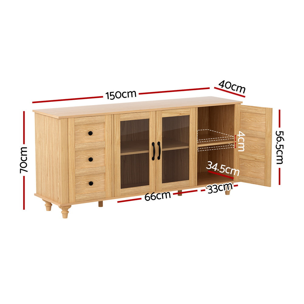 Waylon Buffet Sideboard Storage Cabinet Kitchen Cupboard Faux Drawer 150CM - Pine