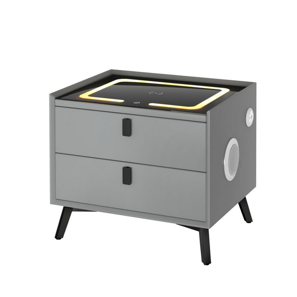 Brooks LED Bedside Table Smart with Wireless Charging Ports with 2 Drawers - Grey