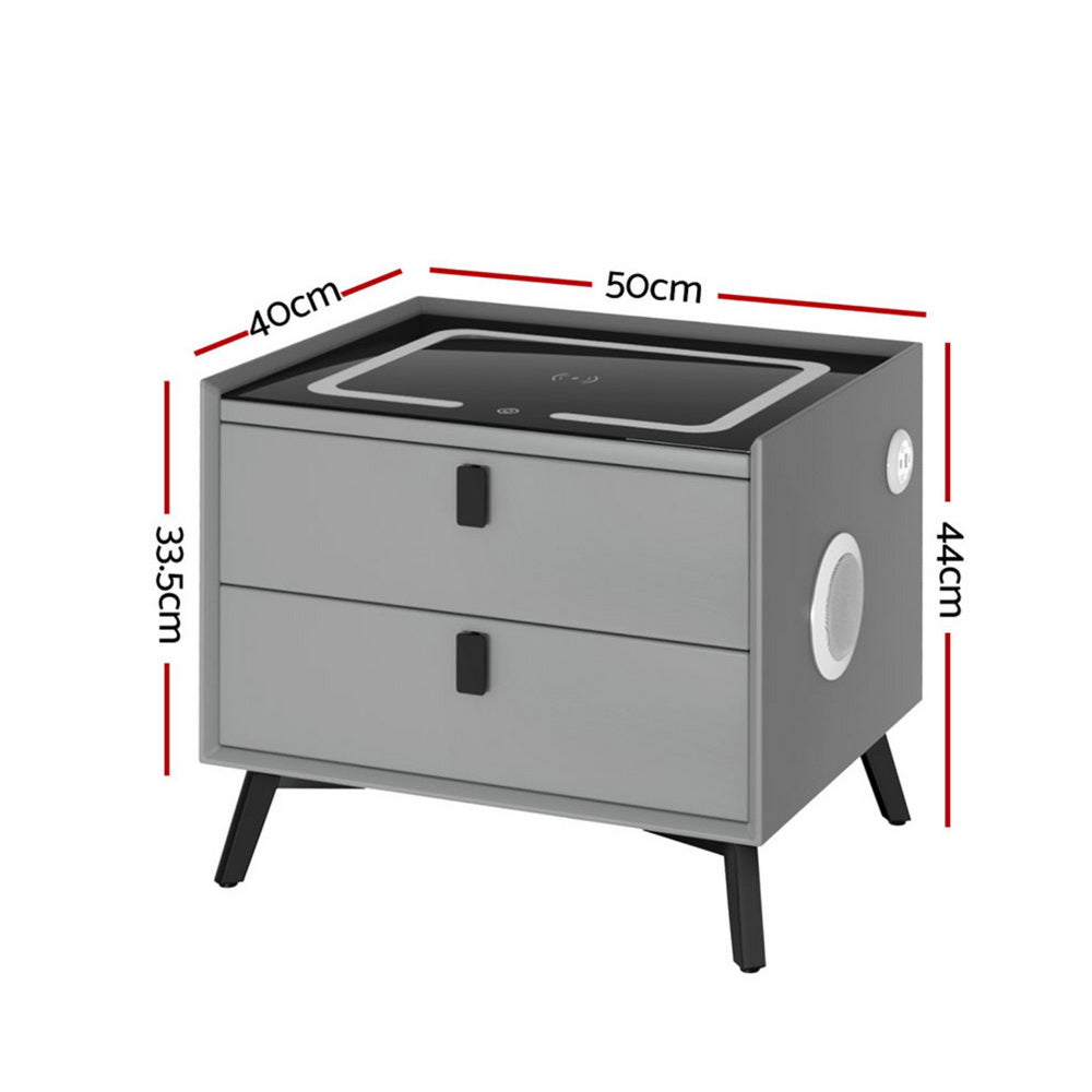 Brooks LED Bedside Table Smart with Wireless Charging Ports with 2 Drawers - Grey