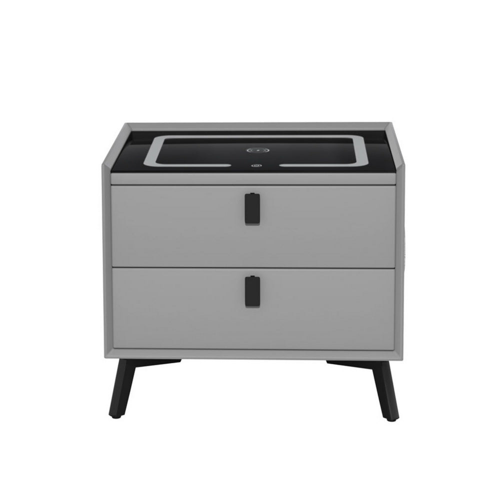 Brooks LED Bedside Table Smart with Wireless Charging Ports with 2 Drawers - Grey