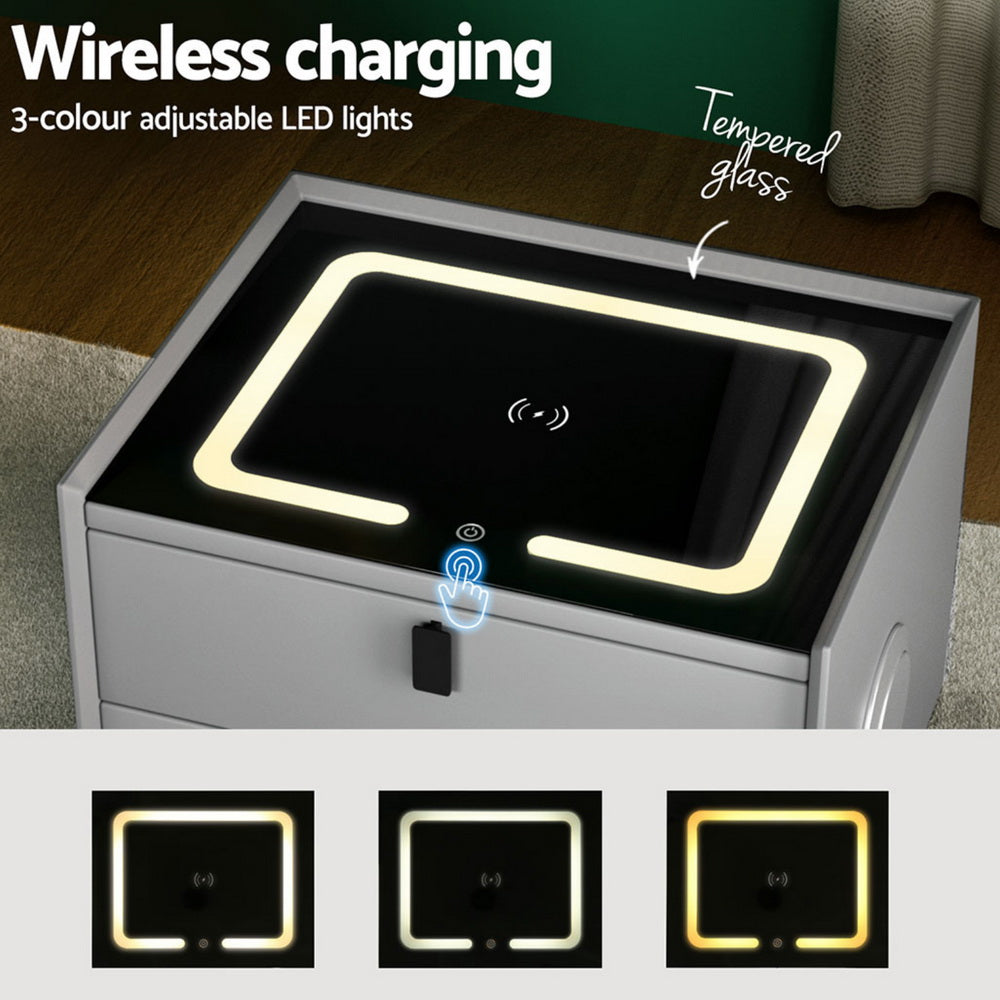 Brooks LED Bedside Table Smart with Wireless Charging Ports with 2 Drawers - Grey