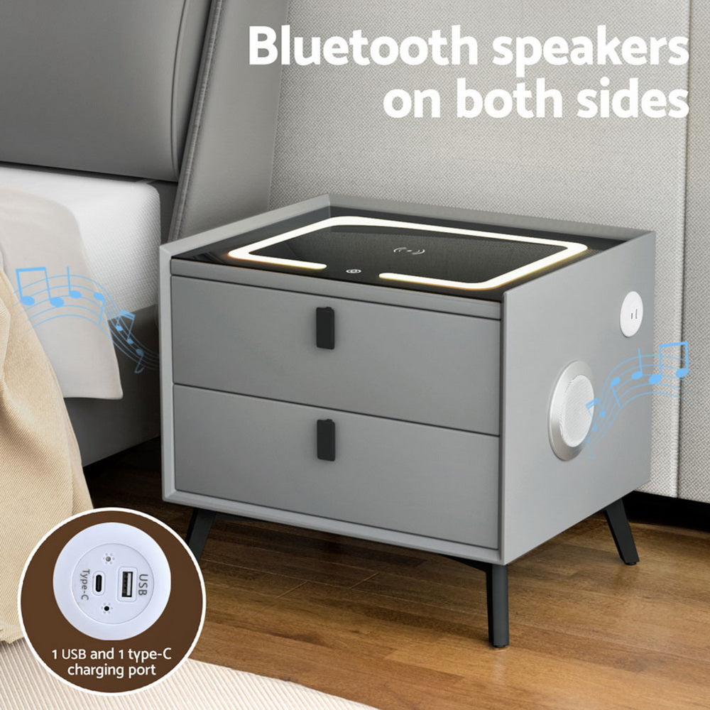 Brooks LED Bedside Table Smart with Wireless Charging Ports with 2 Drawers - Grey