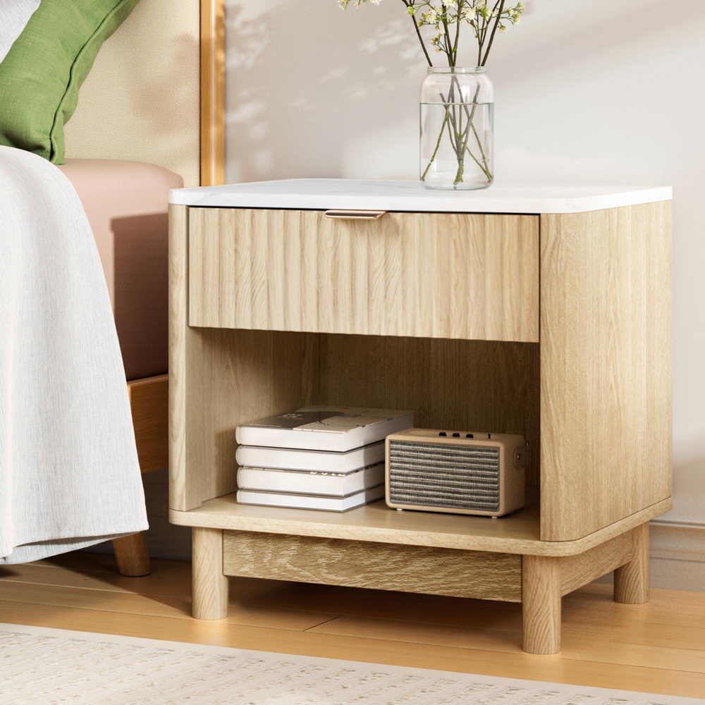 Elio Bedside Tables Nightstand 1 Drawer Shelves - Pine