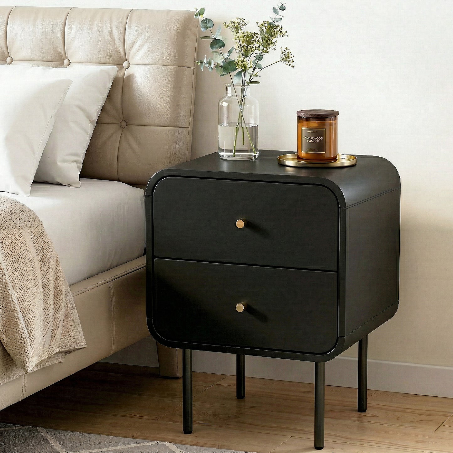 Skye Bedside Tables Side End Table Nightstand with 2 Drawers - Black