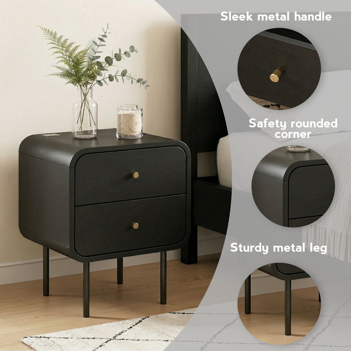 Skye Bedside Tables Side End Table Nightstand with 2 Drawers - Black