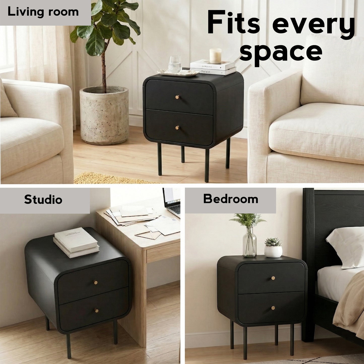 Skye Bedside Tables Side End Table Nightstand with 2 Drawers - Black