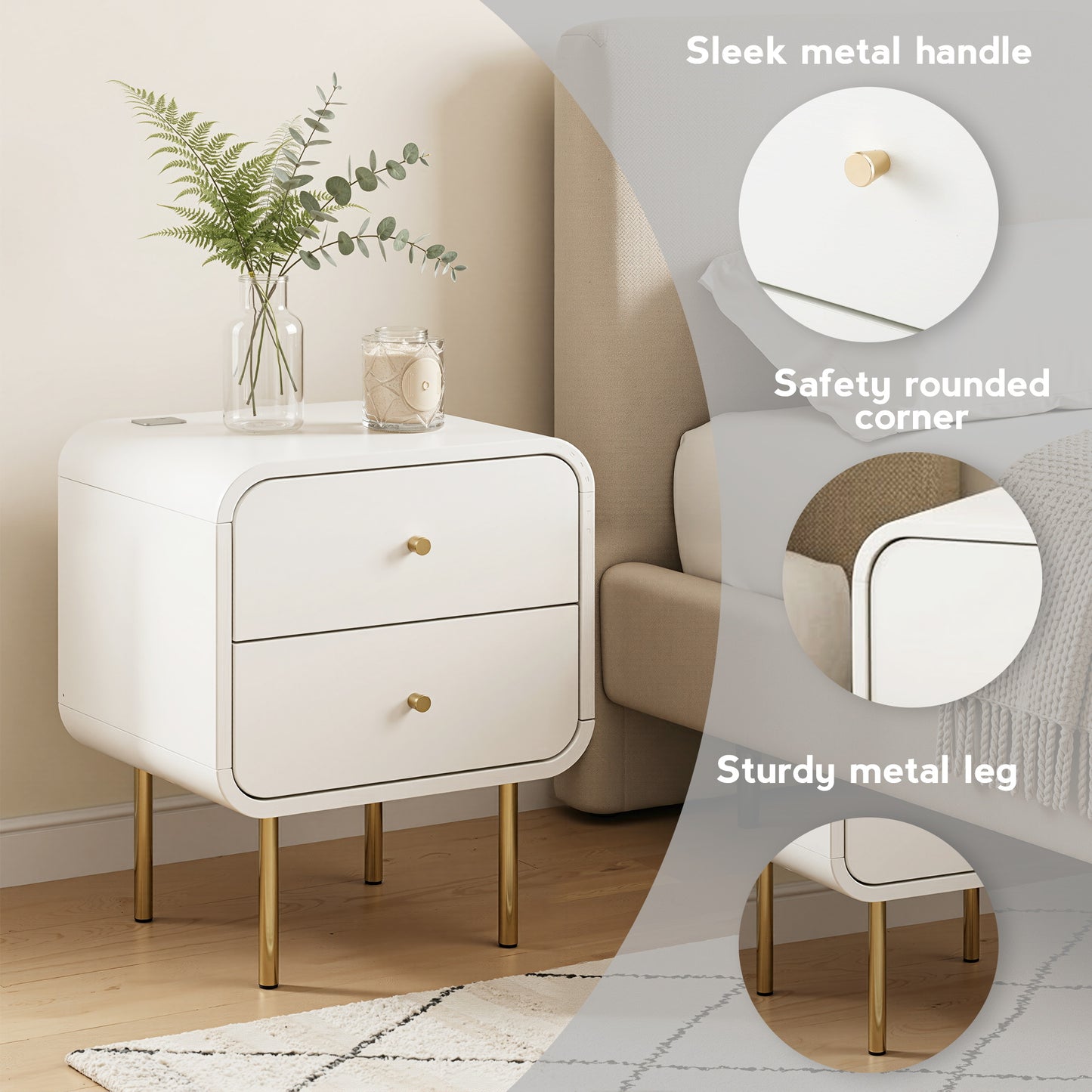 Skye Bedside Tables Side End Table Nightstand with 2 Drawers - White