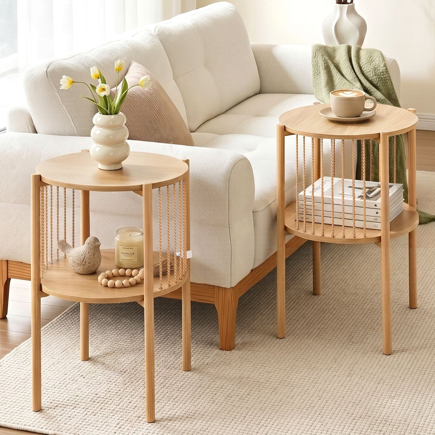 Iolani Set of 2 End Tables Coffee Table 2-Tier Round Wood