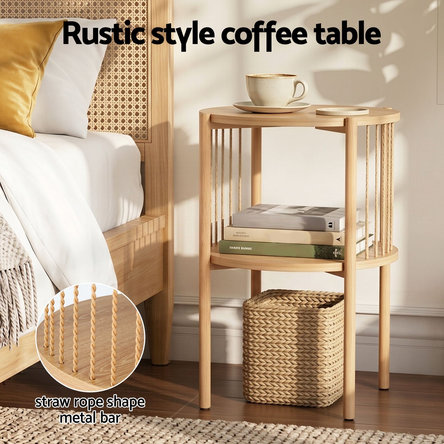 Iolani Set of 2 End Tables Coffee Table 2-Tier Round Wood