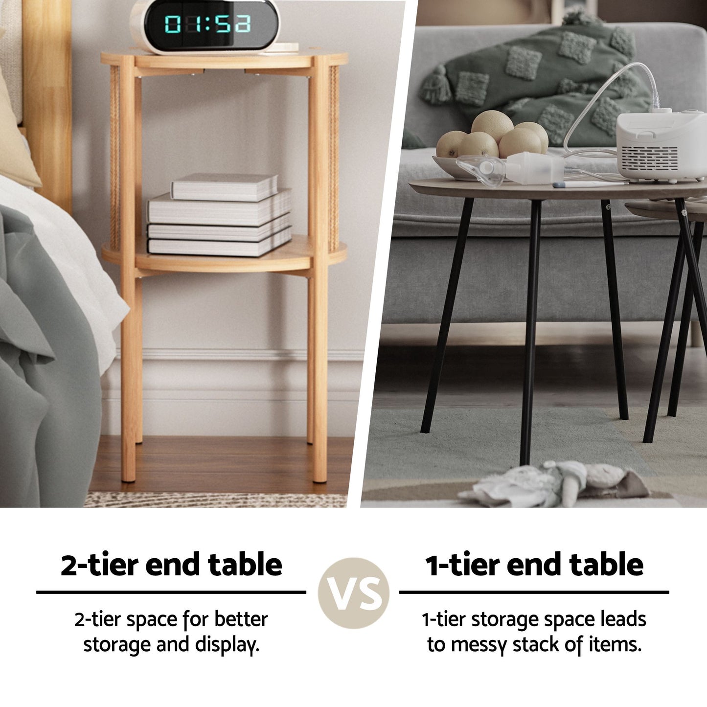 Iolani Set of 2 End Tables Coffee Table 2-Tier Round Wood