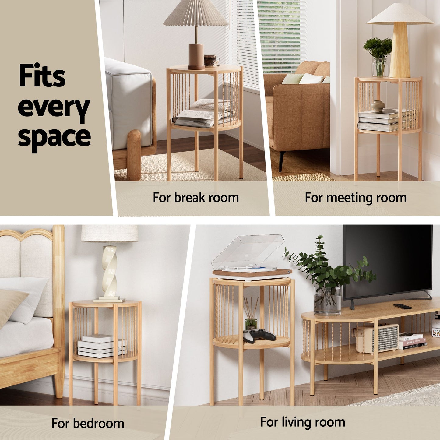 Iolani Set of 2 End Tables Coffee Table 2-Tier Round Wood