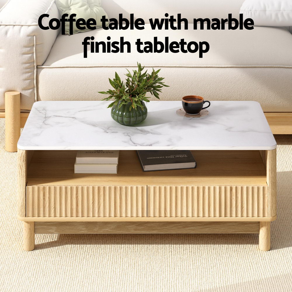 Ionian Coffee Table Drawer Shelf Marble Effect Wood&White