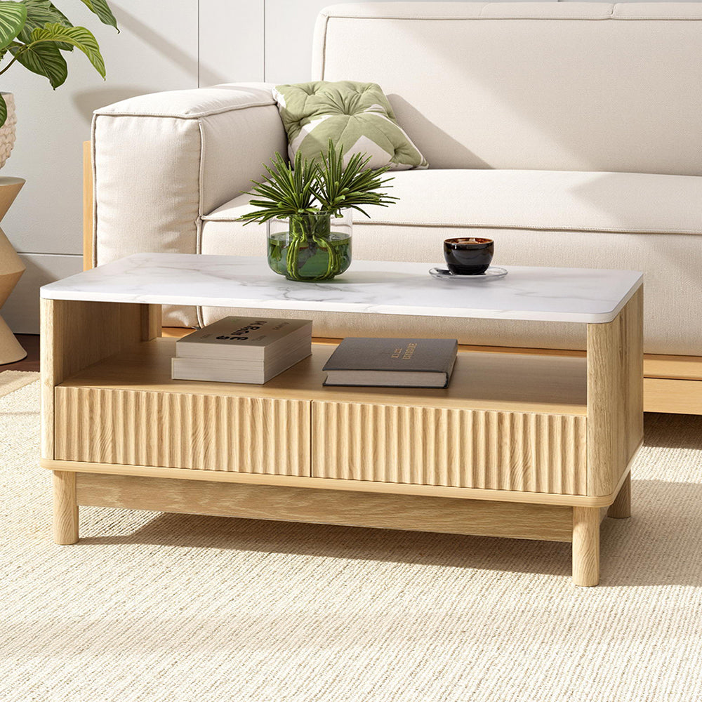 Ionian Coffee Table Drawer Shelf Marble Effect Wood&White