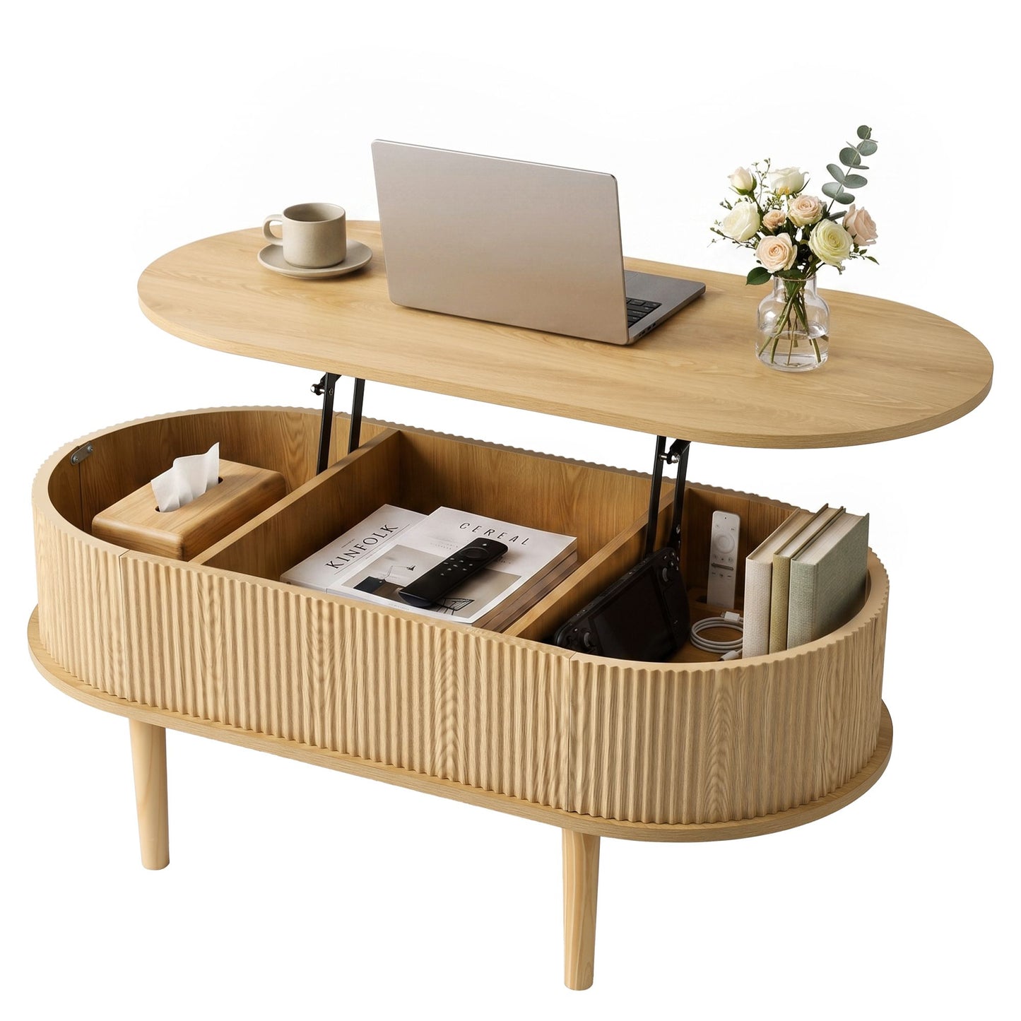 Ioakim Coffee Table 100cm Lift Top Fluted Centre Table with Hidden Storage Oval - Natural Wood