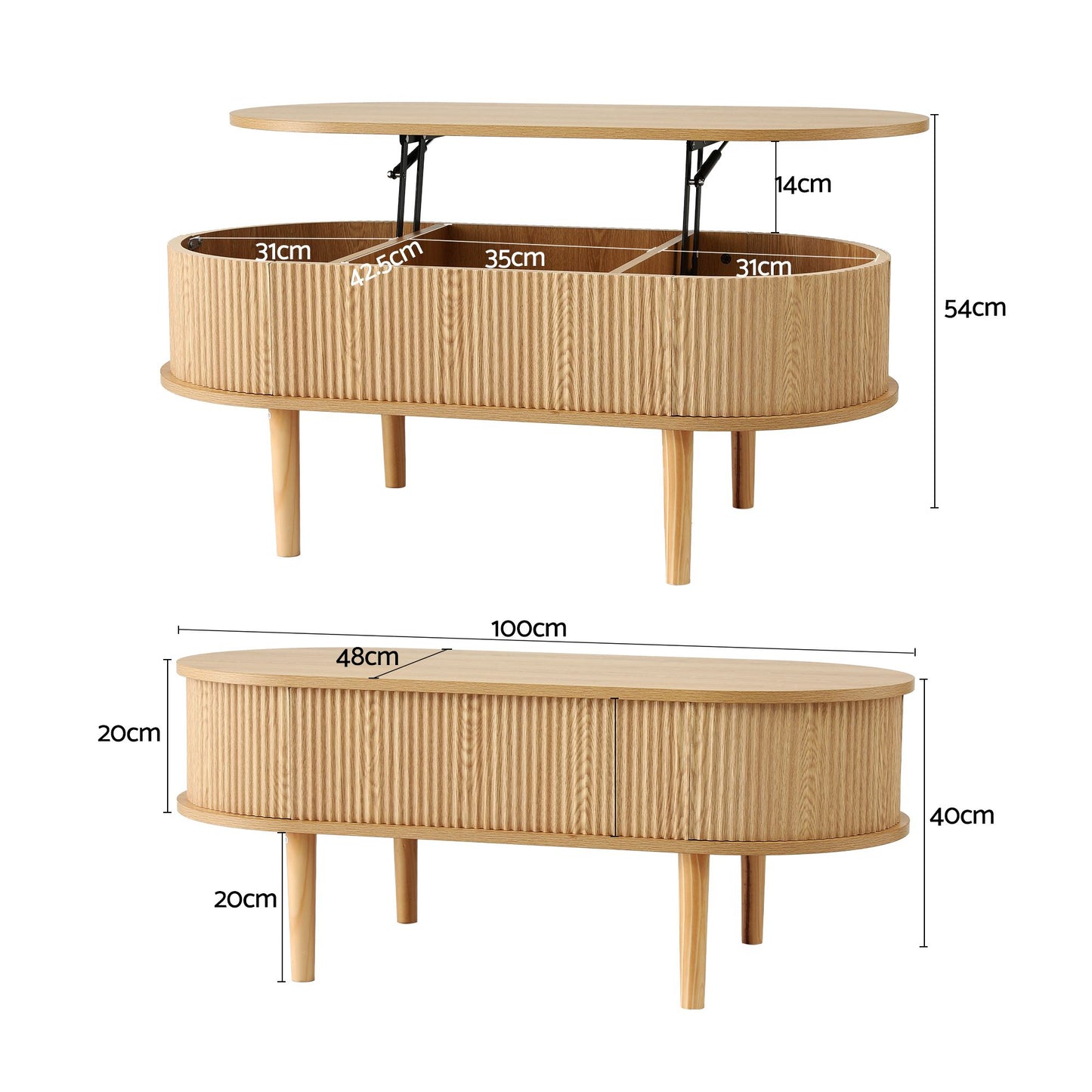 Ioakim Coffee Table 100cm Lift Top Fluted Centre Table with Hidden Storage Oval - Natural Wood
