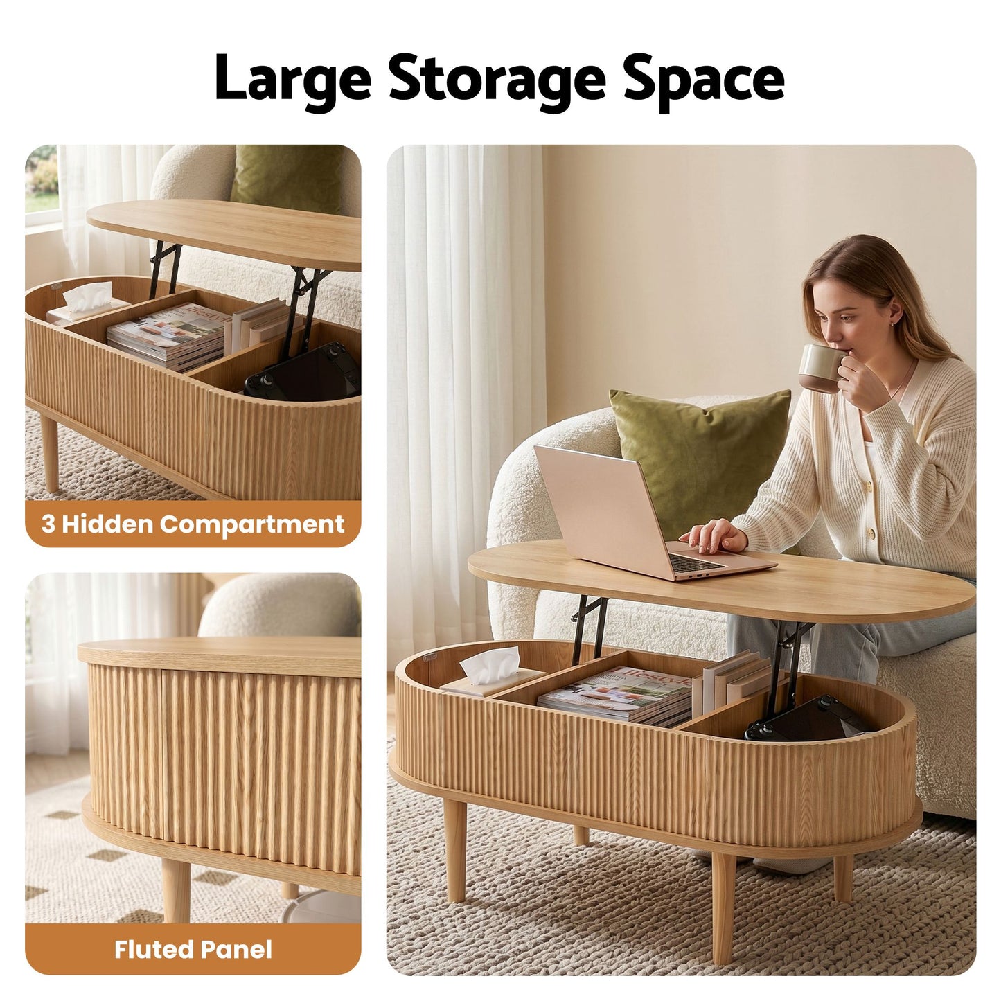 Ioakim Coffee Table 100cm Lift Top Fluted Centre Table with Hidden Storage Oval - Natural Wood