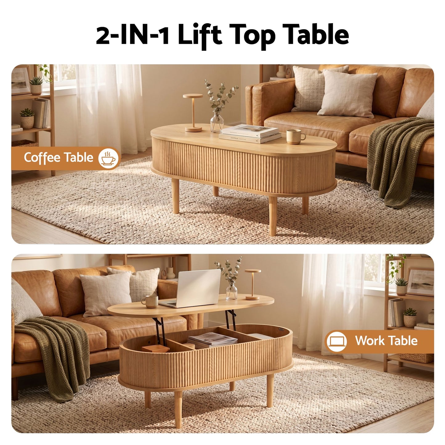 Ioakim Coffee Table 100cm Lift Top Fluted Centre Table with Hidden Storage Oval - Natural Wood