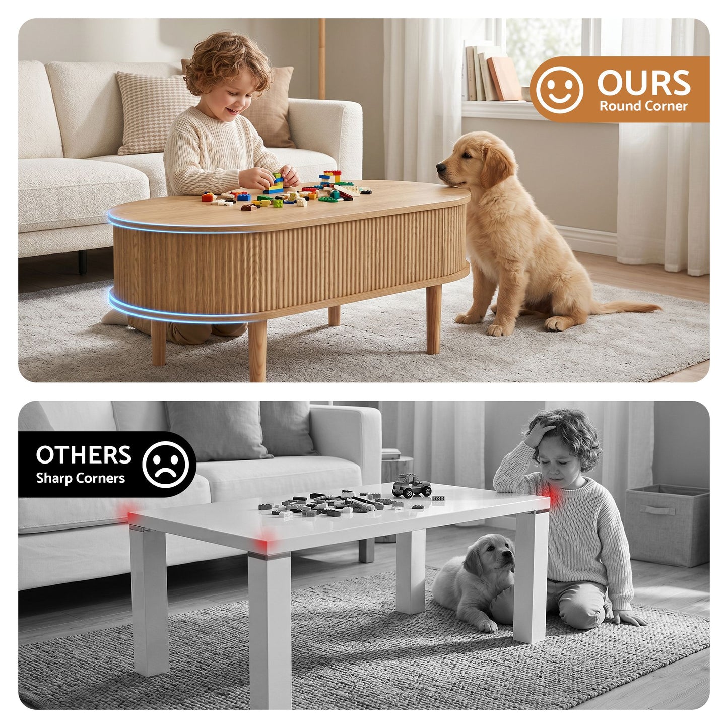 Ioakim Coffee Table 100cm Lift Top Fluted Centre Table with Hidden Storage Oval - Natural Wood