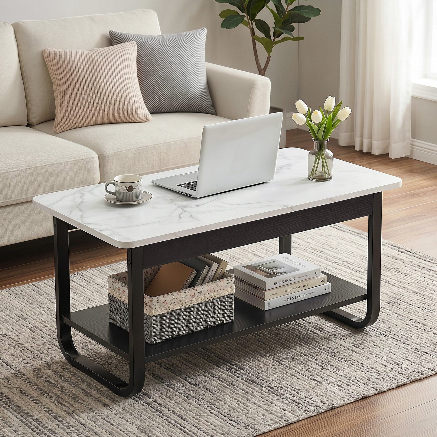 Irini  Coffee Table 2-Tier 80CM Marble Finish Shelf Black&White