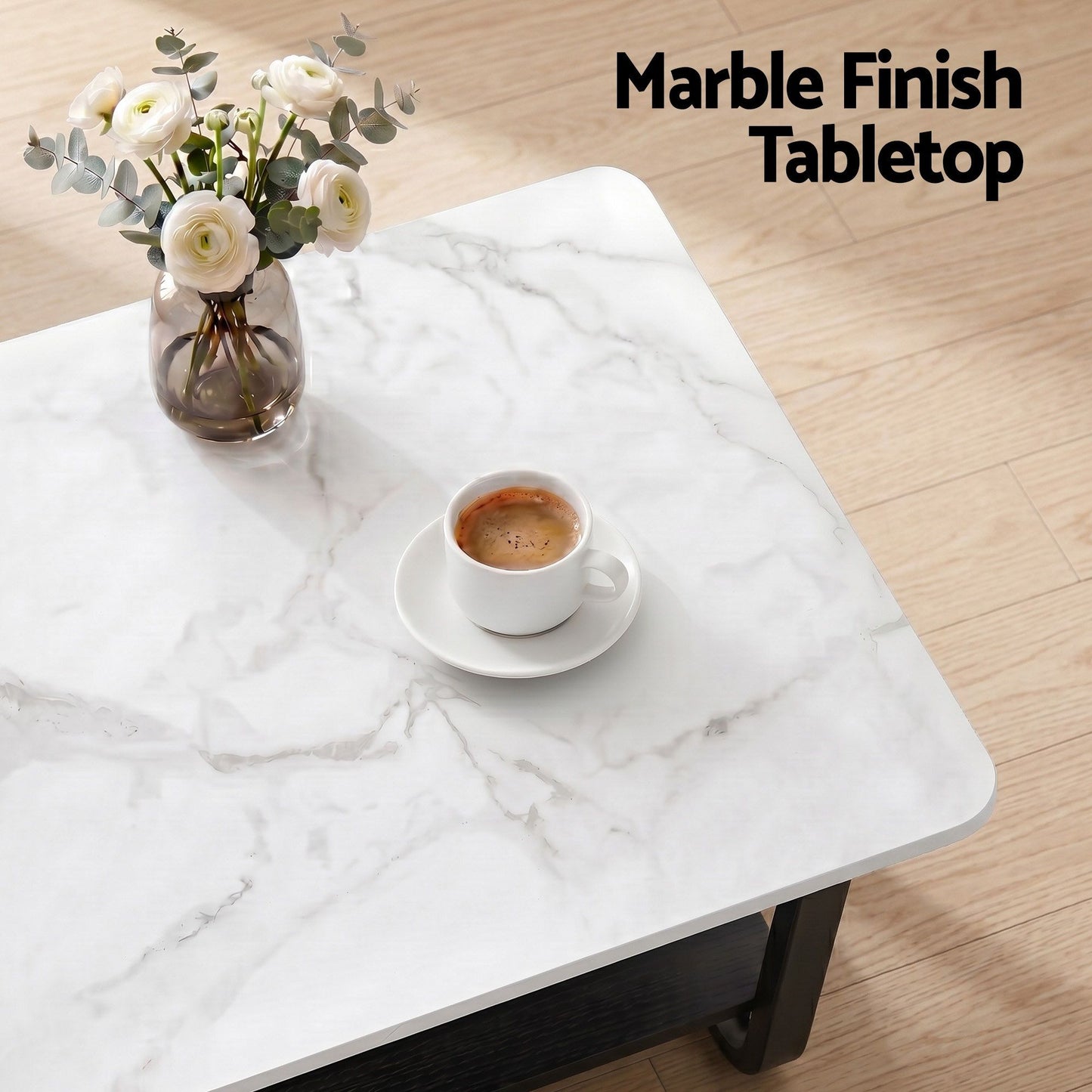 Irini  Coffee Table 2-Tier 80CM Marble Finish Shelf Black&White