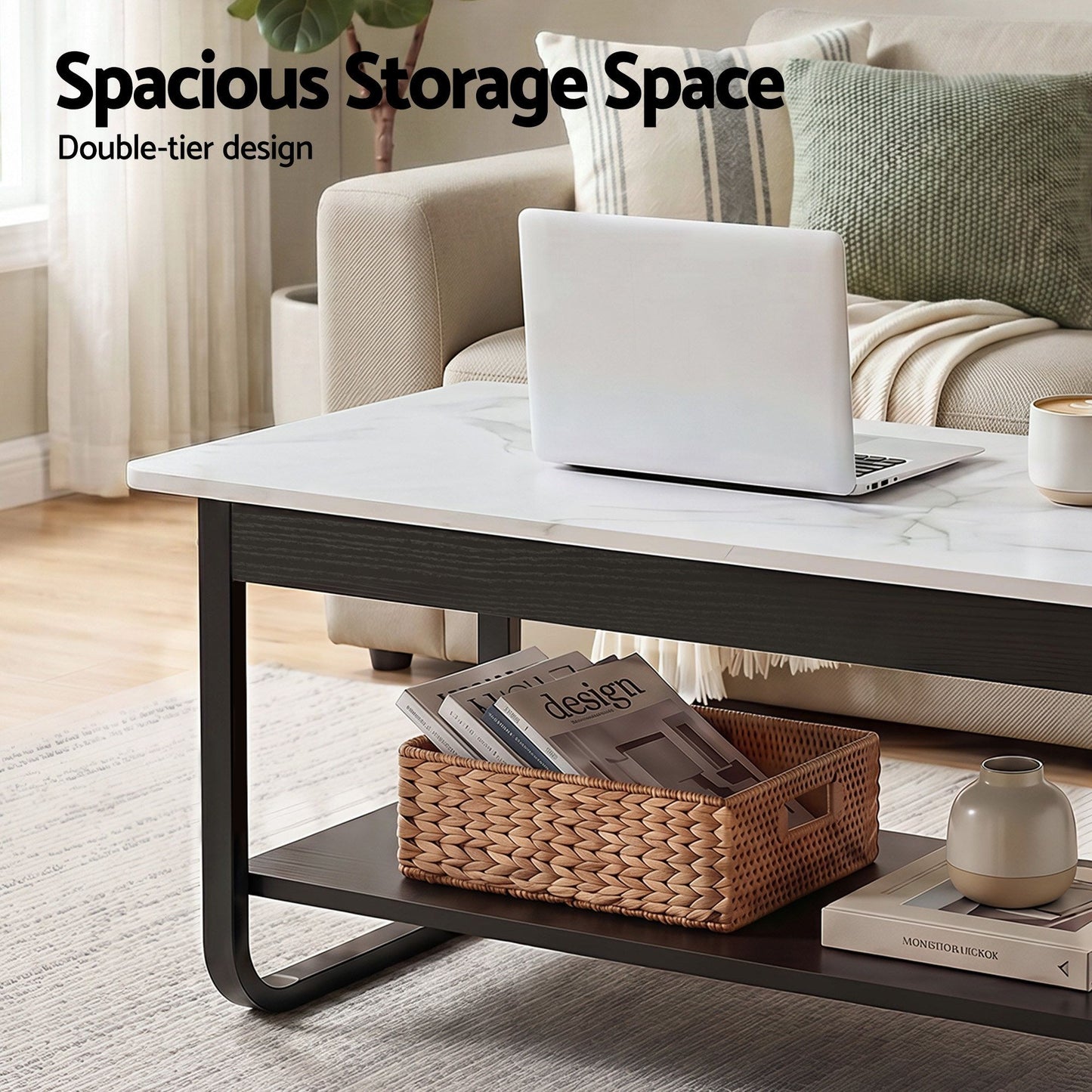 Irini  Coffee Table 2-Tier 80CM Marble Finish Shelf Black&White