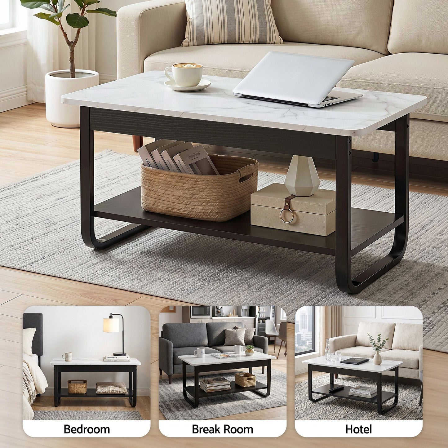 Irini  Coffee Table 2-Tier 80CM Marble Finish Shelf Black&White