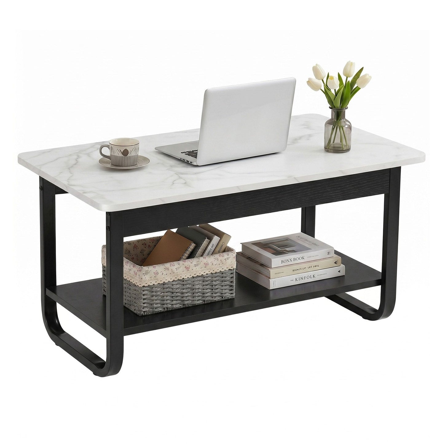 Irini  Coffee Table 2-Tier 80CM Marble Finish Shelf Black&White