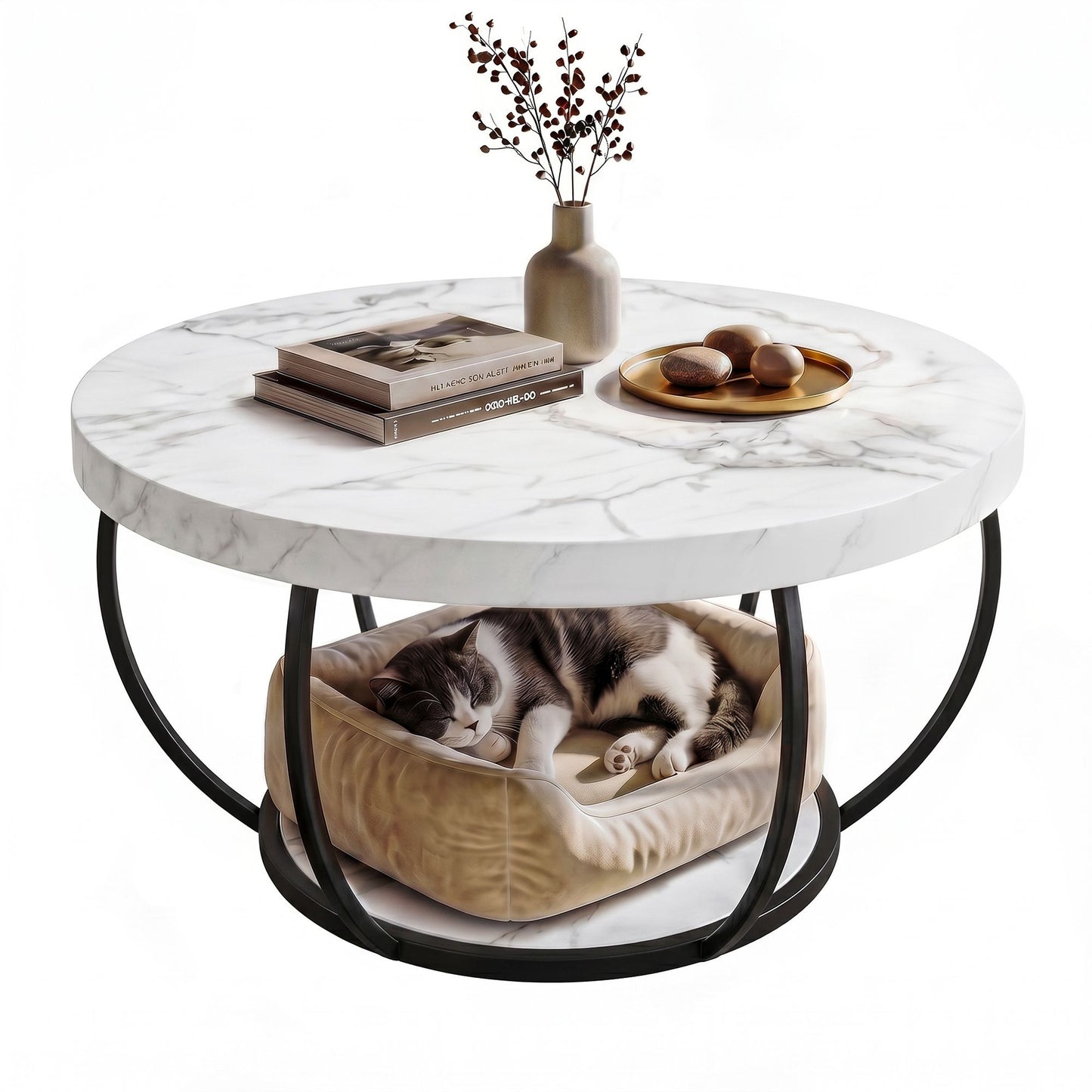 Irisia Coffee Table 2-Tier Marble Finish Round White&Black