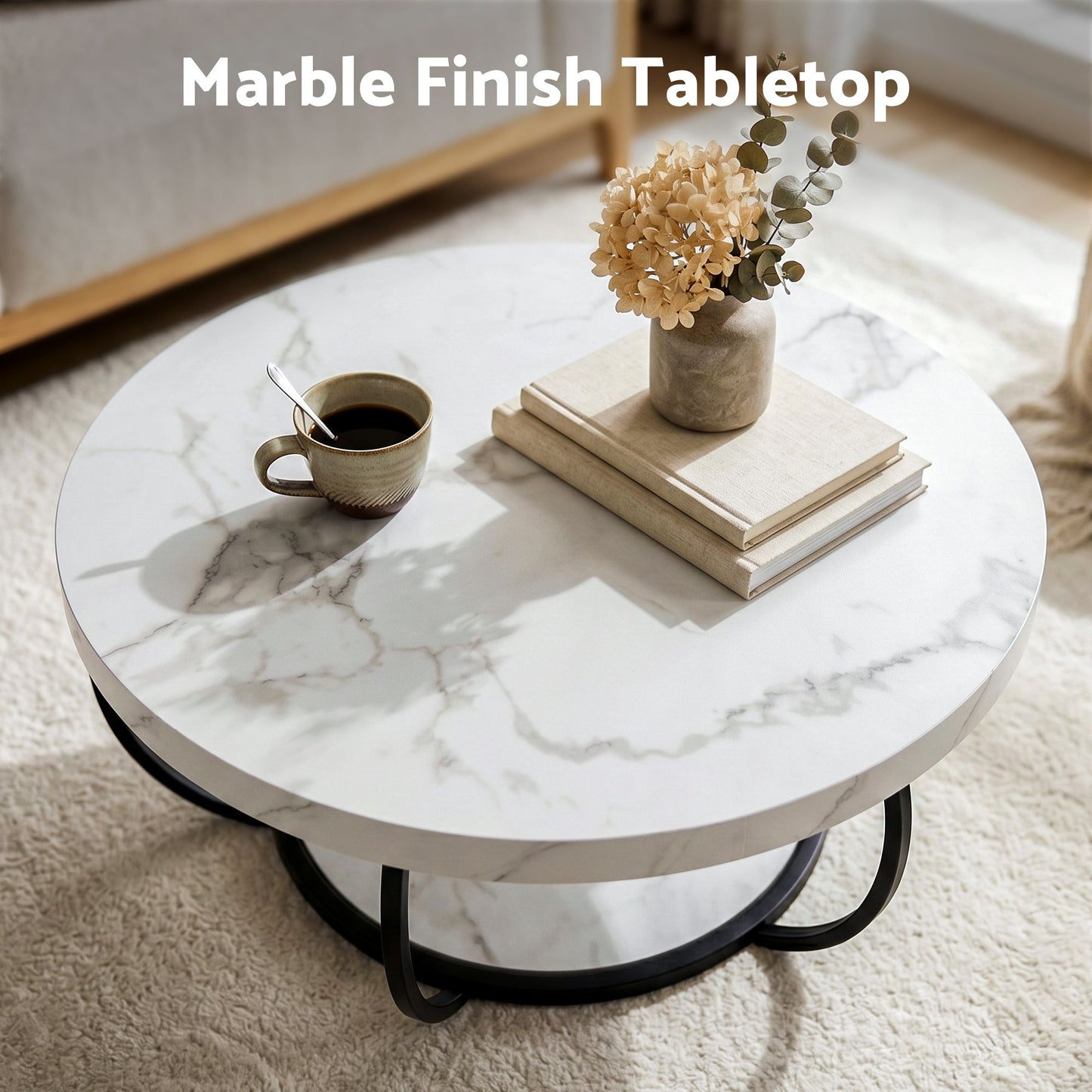 Irisia Coffee Table 2-Tier Marble Finish Round White&Black