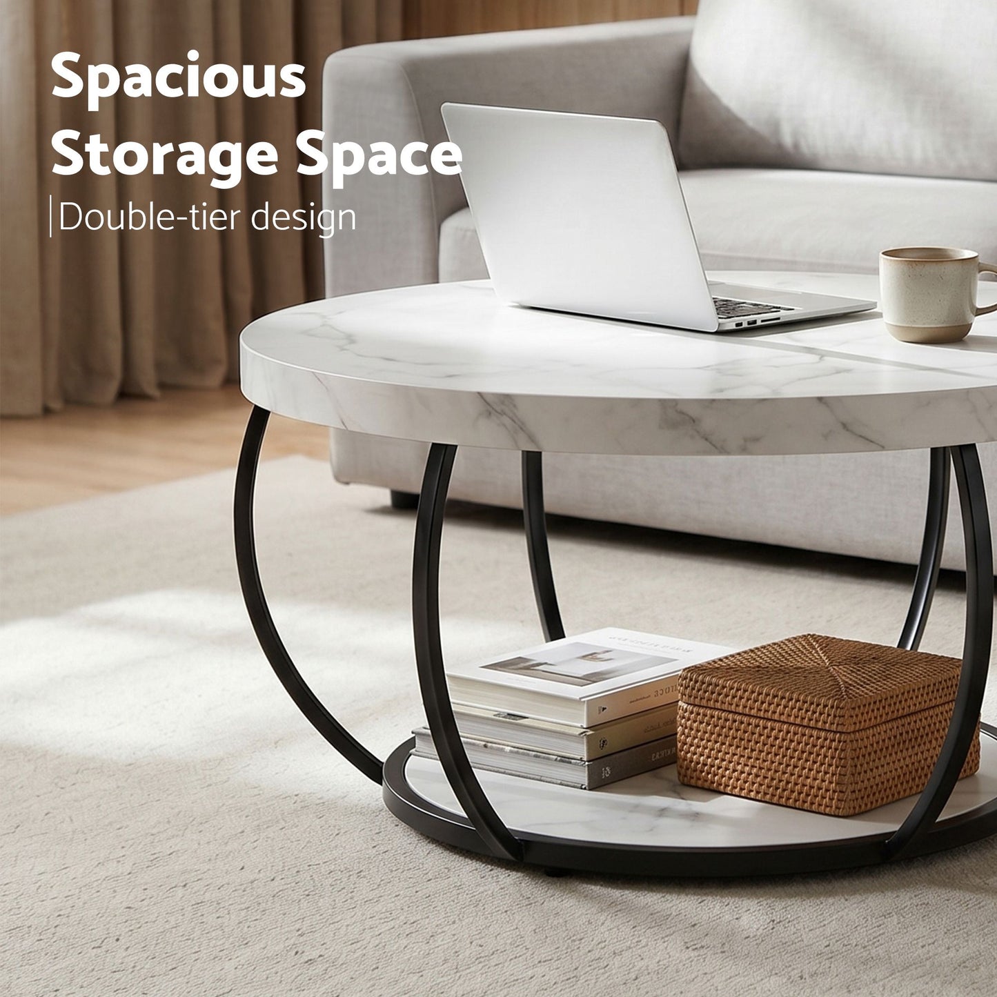 Irisia Coffee Table 2-Tier Marble Finish Round White&Black