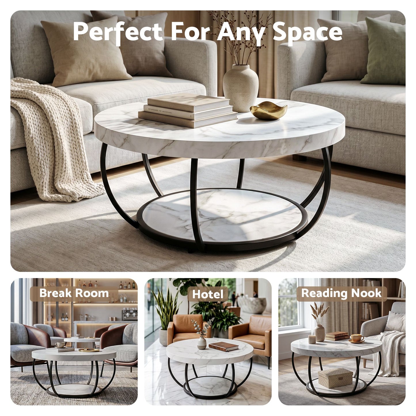 Irisia Coffee Table 2-Tier Marble Finish Round White&Black