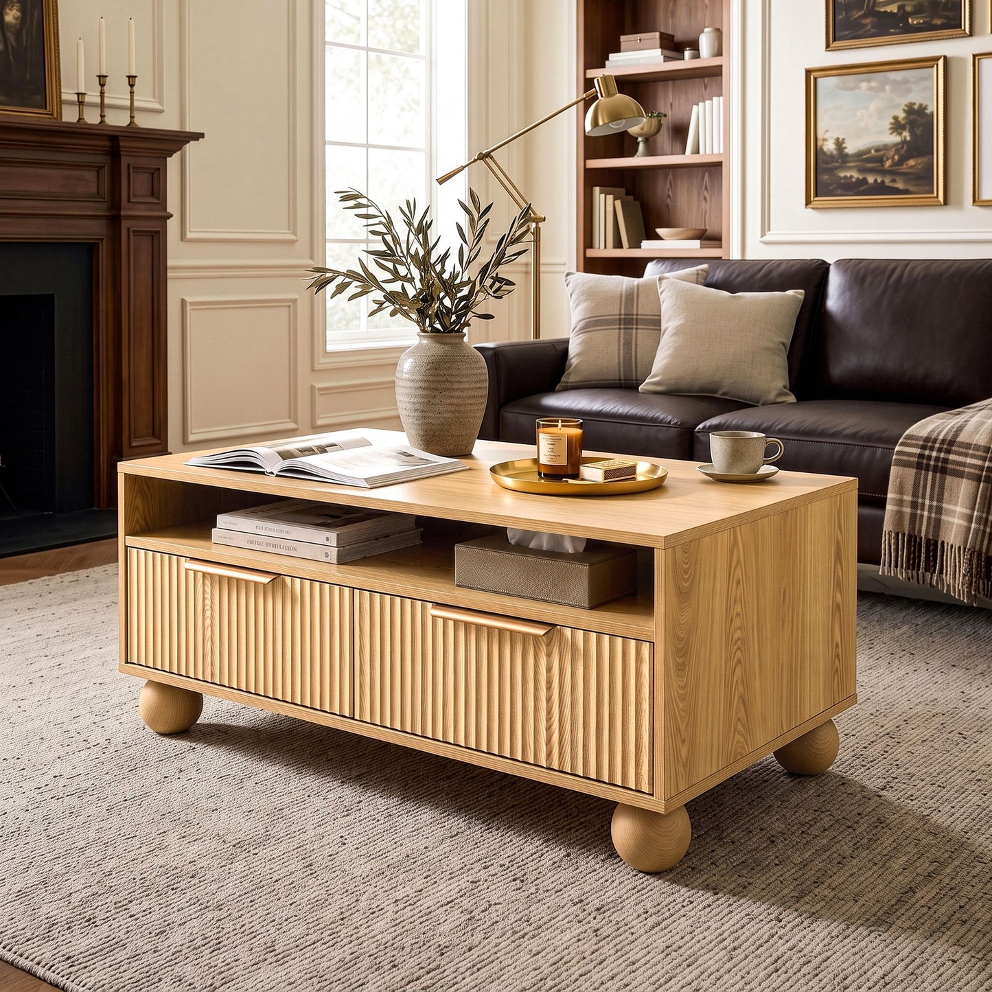 Idomeneus Coffee Table 90cm Center Table Fluted Drawers Open Shelf Spherical Solid Legs - Wood