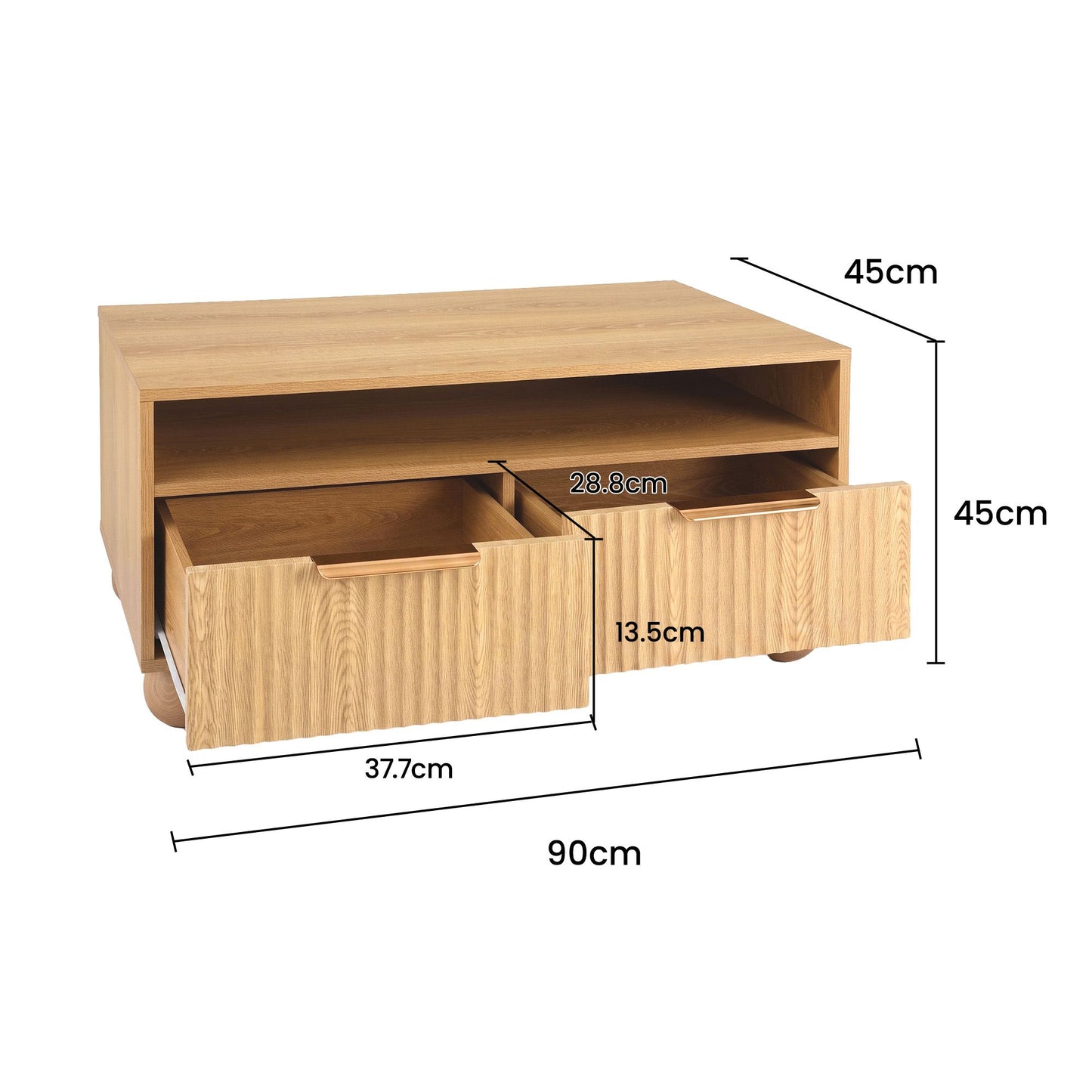 Idomeneus Coffee Table 90cm Center Table Fluted Drawers Open Shelf Spherical Solid Legs - Wood