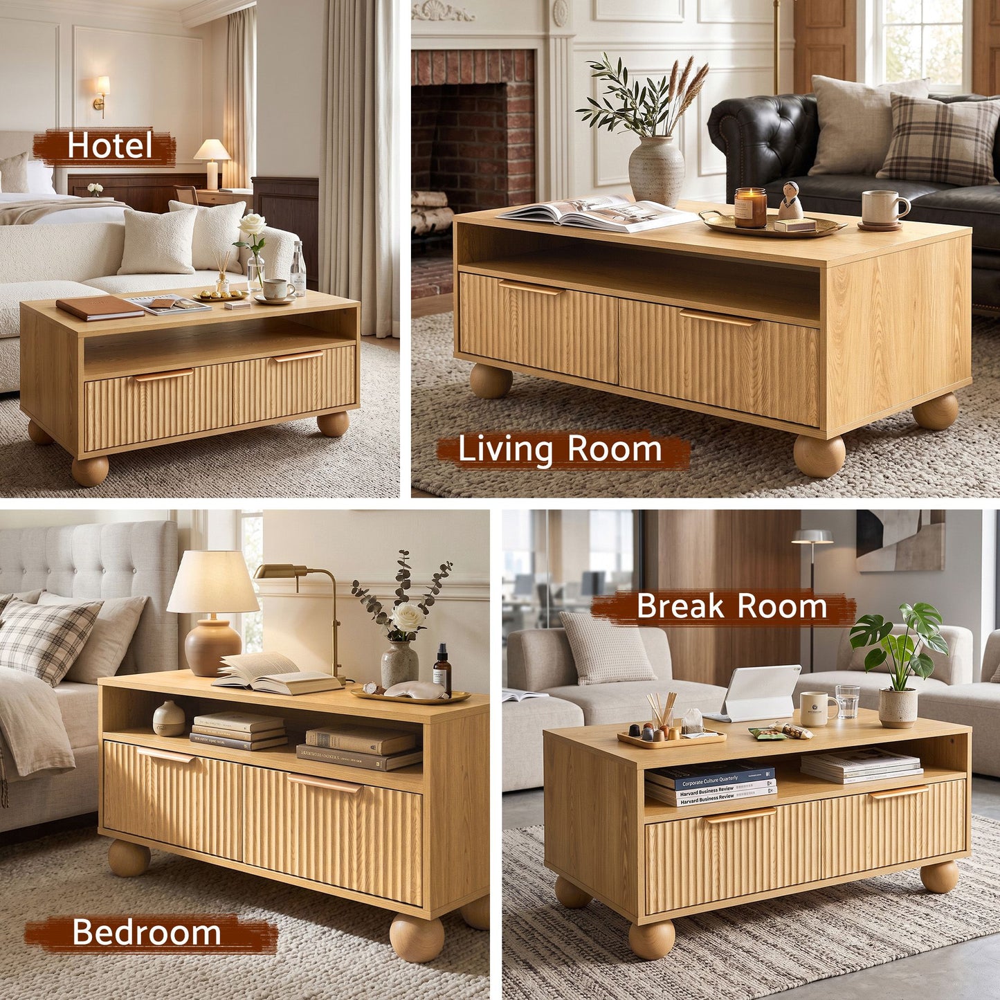 Idomeneus Coffee Table 90cm Center Table Fluted Drawers Open Shelf Spherical Solid Legs - Wood