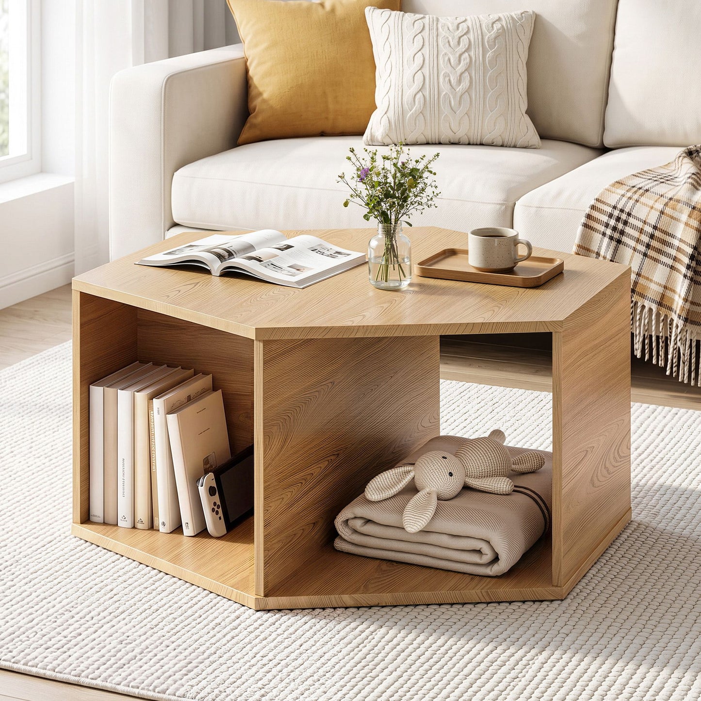 Isagoras Coffee Table Hexagonal Center Table with Open Storage 2-Way Display Side Table - Wood
