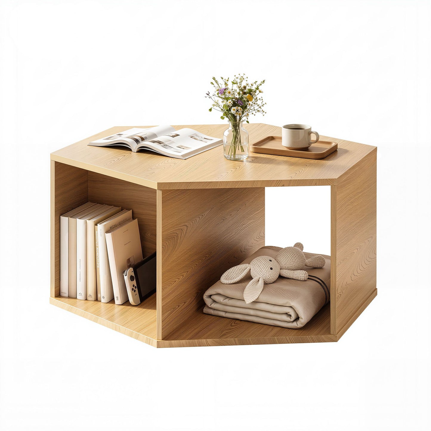 Isagoras Coffee Table Hexagonal Center Table with Open Storage 2-Way Display Side Table - Wood