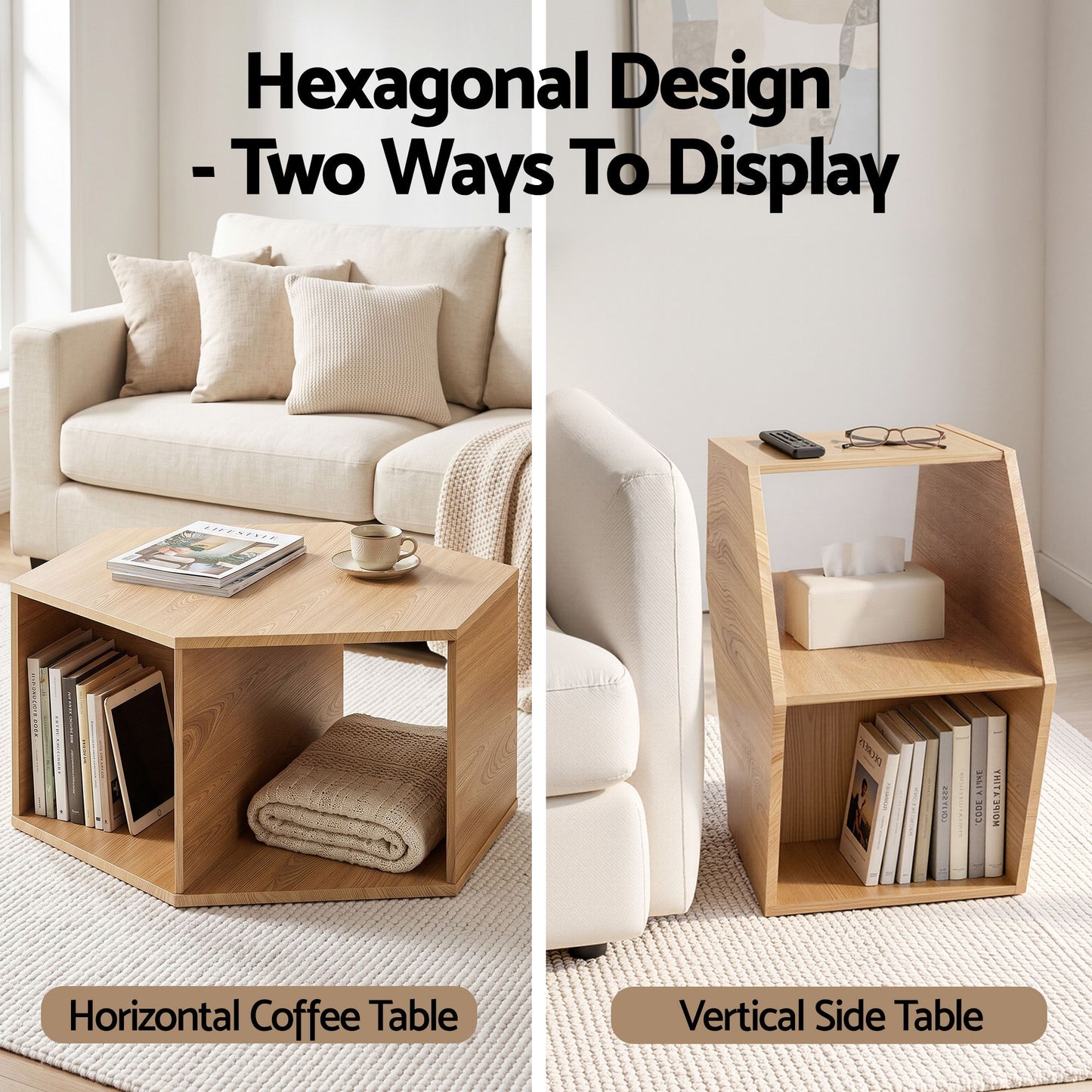 Isagoras Coffee Table Hexagonal Center Table with Open Storage 2-Way Display Side Table - Wood